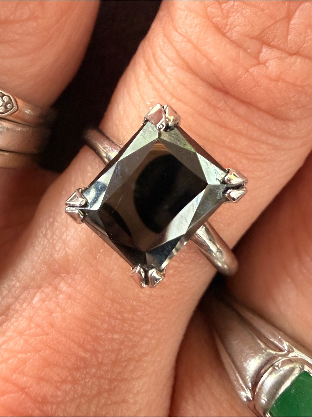 Vintage Sterling Silver Princess Cut Hematite Solitaire Ring Sz9